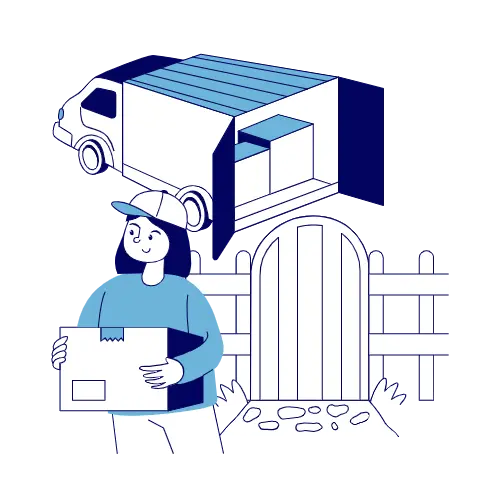 Person holding a box in front of a gate and a truck